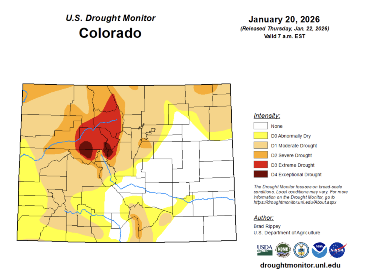 A U.S. Drought Monitor map shows widespread drought conditions across western Colorado as of Jan. 20, 2026, with parts of the state experiencing extreme to exceptional drought. Eastern Colorado remains largely unaffected, according to data from the U.S. Department of Agriculture.
